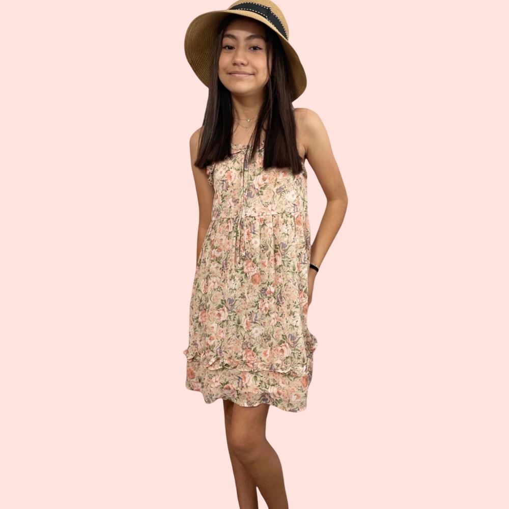 Girls romantic floral ruffled tie detail sleeveless tank dress